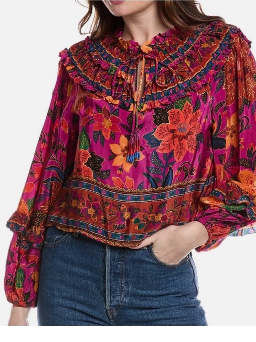 Farm Rio tropical tapestry long sleeve ruffle blouse women’s small